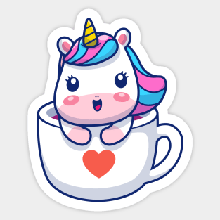 Cute Unicorn In Mug Heart Cartoon Sticker